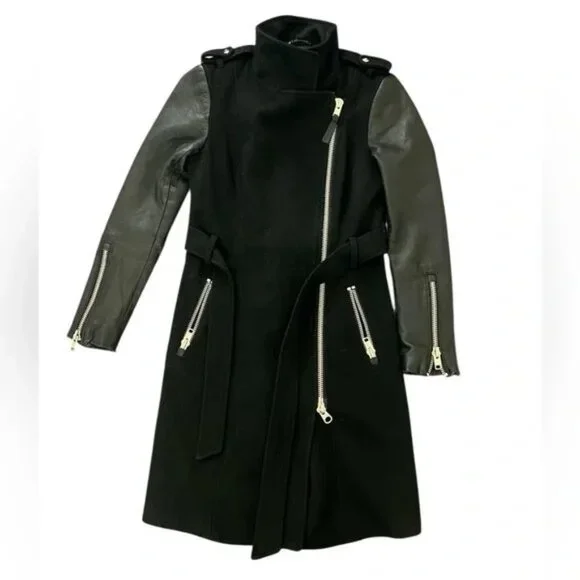 Mackage Dale Black Trench Coat with Leather Sleeves - Picture 2 of 9